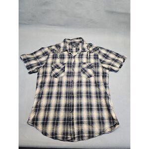 Pop Icon Mens‎ XL Short Snap Button Up Shirt W/ Crosses, Black & Gold Plaid